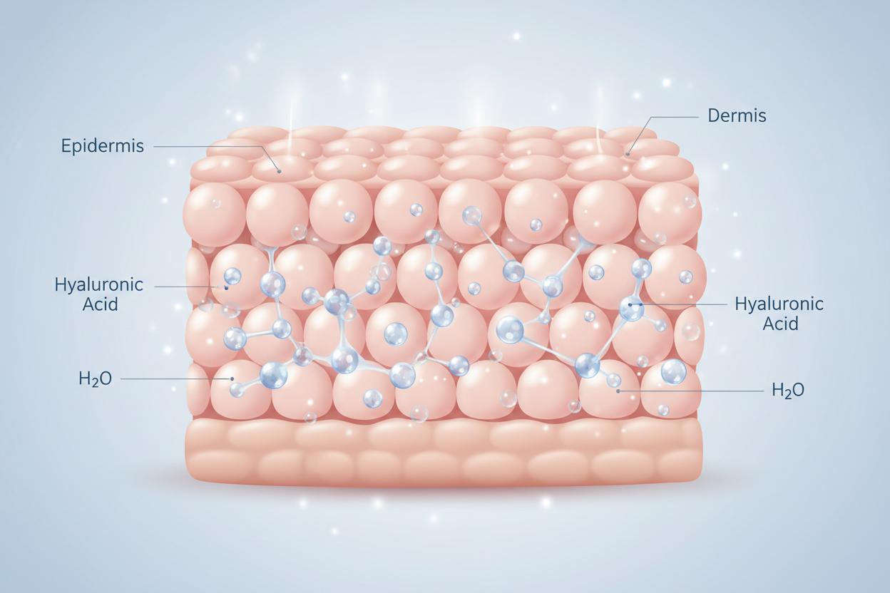Ilustracija preseka kože: epidermis i dermis sa molekulima hijaluronske kiseline i H2O koji vezuju vodu