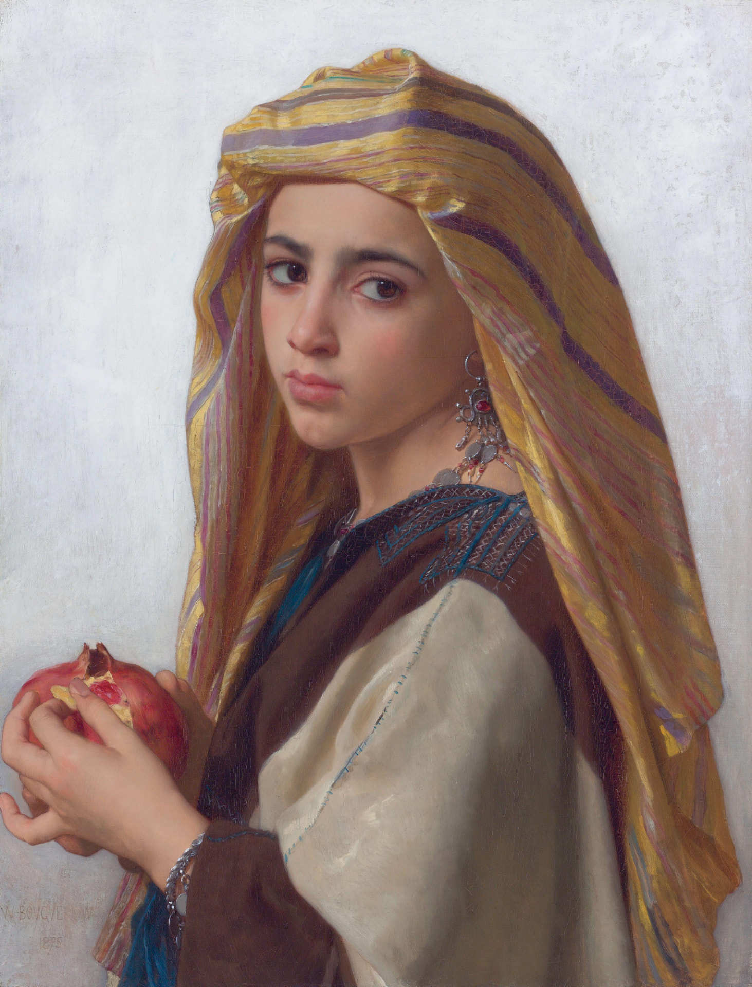 Slika „Devojka sa narom“, Vilijam Bugro, 1875: devojka u prugastoj marami drži otvoren nar, javno dobro